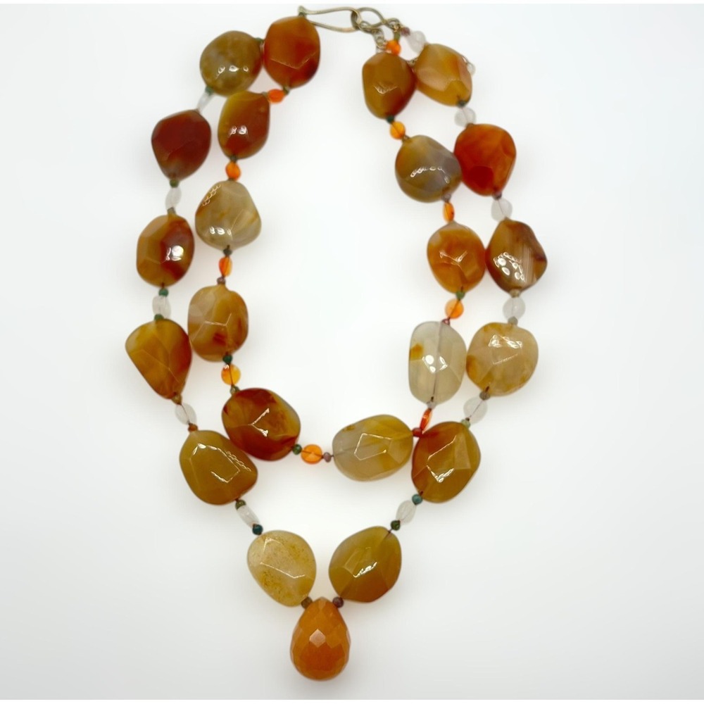 Vintage Agate Beaded Layered Necklace By Wend Mink Teardrop Pendant‎ .925 Clasp